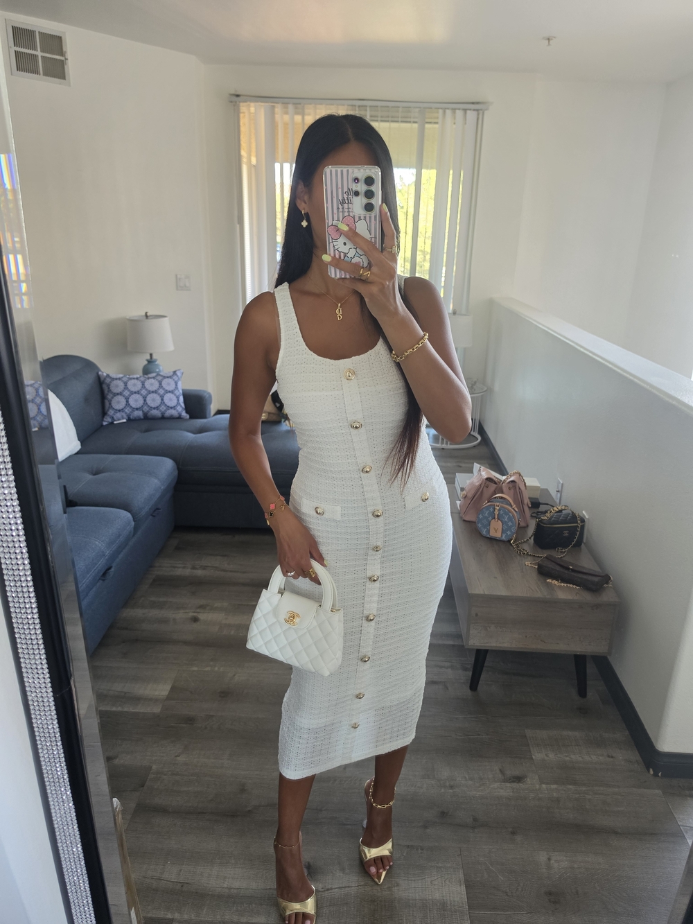 Classic White Button-Front Tweed Midi Dress - Picture 14 of 16